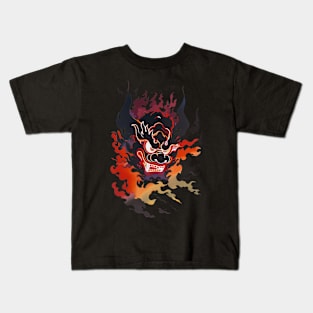 Traditional Oni Mask In Flames Kids T-Shirt